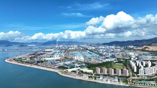航拍广东惠州石化工业园蓝天白云海岸线海景