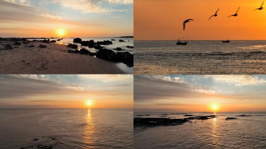 海上日出海浪拍打沙滩海滩渔船出海海鸥飞翔