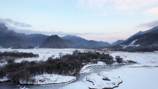 航拍冬天森林山区雪地雪景自然风光