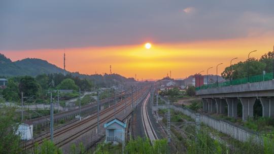 中国高铁，动车，日落，火车，日落延时