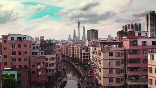 广州大塘村繁华都市城中村日落前航拍4K视频