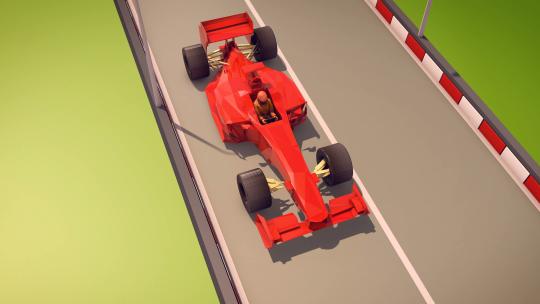 超现代方程式的3d渲染，一种鲜红色沿着一条平坦的沥青公路向胜利冲去，路边有黑白相间的路牙。司机穿着红色西装。