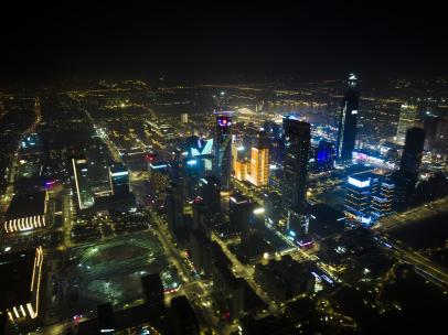 延时环绕航拍宁波东部新城繁华夜景