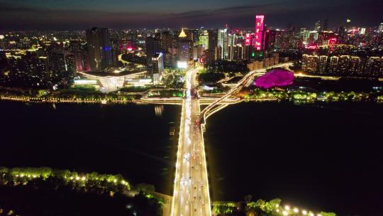 中国辽宁沈阳浑河两岸城市夜景航拍