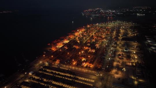 钦州港码头夜景航拍视频素材模板下载