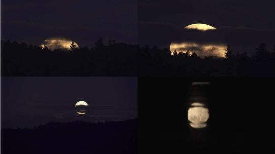 实拍月亮升起延时水面月光倒影