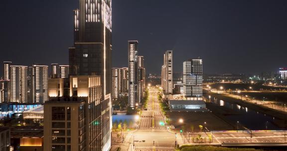 杭州亚运会亚运村城市建筑晚上亮灯夜景航拍