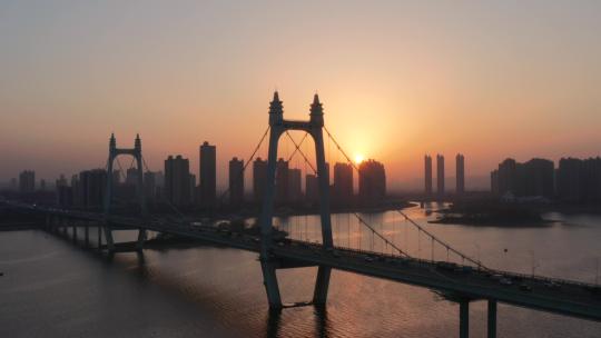 长沙三汊叽大桥清晨日出唯美逆光航拍