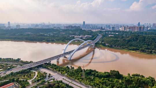 中国广西南宁大桥 邕江 城市风光延时航拍