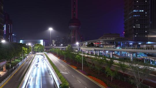 上海陆家嘴城市街道路汽车流交通延时摄影