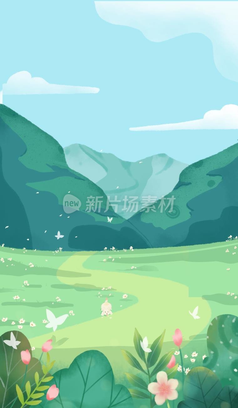 春季清新浪漫踏青草地飞花风景插画背景