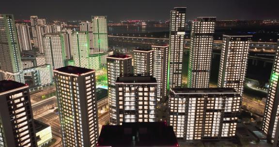 杭州亚运会亚运村城市建筑晚上亮灯夜景航拍