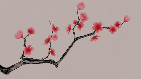 中国风水墨风格梅花与飘落的花瓣