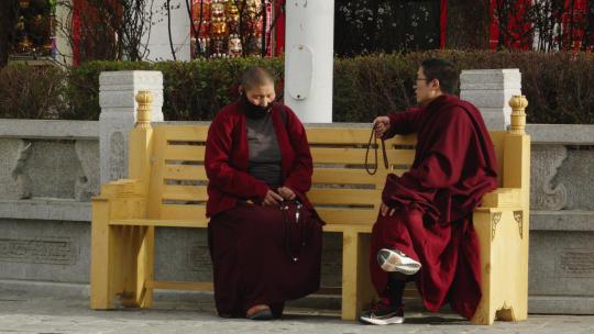 西藏大昭寺僧侣交谈视频素材模板下载