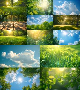 夏日清晨蓝天白云阳光树叶草地视频素材高清在线视频素材下载