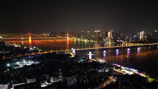 航拍湖北武汉长江大桥鹦鹉洲大桥夜景