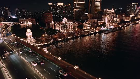 广州城市沿江网红外滩夜景灯光航拍4K视频