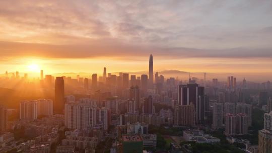 航拍日出耶稣光深圳城市大景