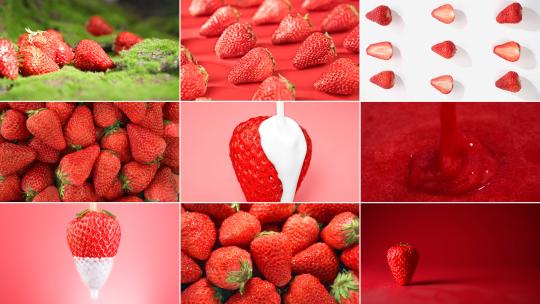 新鲜草莓水果饮品丹东牛奶草莓创意广告实拍高清在线视频素材下载
