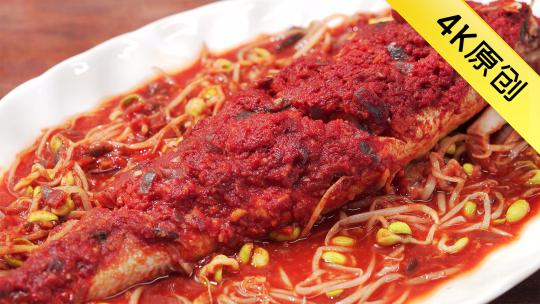 中国东北鲜族特色菜辣味明太鱼烹饪过程