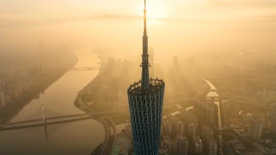 广州塔航拍广州日出珠江新城电视塔建筑风光