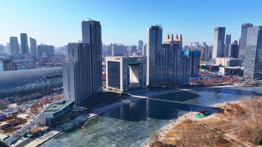 天津市冬季梅河城市风景航拍建筑与天空