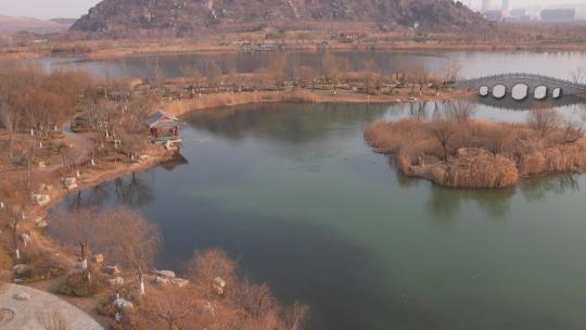山东济南华山湖湿地公园秋冬景观航拍