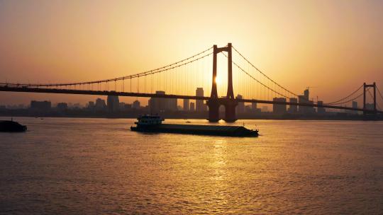 航拍鹦鹉洲长江大桥日出4k视频素材模板下载