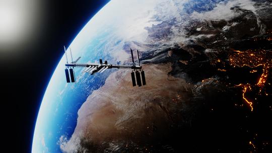 国际空间站绕地球运行的渲染模型4K