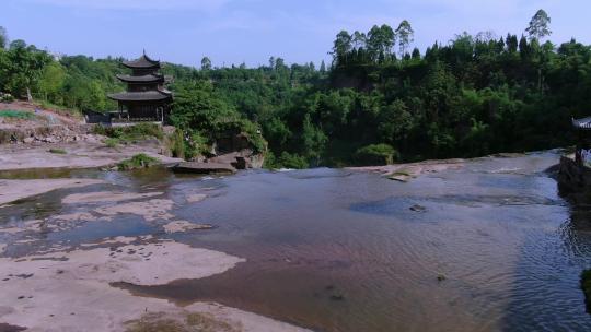 古建筑河流瀑布风景