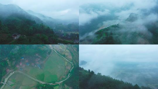 烟雨缥缈的山村风景航拍高清在线视频素材下载