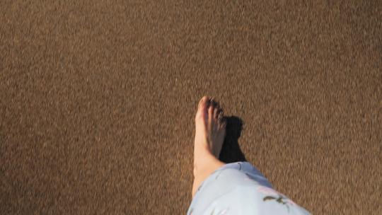 女性的脚走在金色的沙滩上