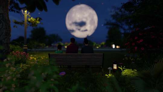 夜晚户外森林公园一家人看月亮