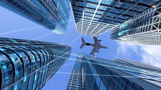 仰拍摩天大楼飞机飞越CBD科技金融商业