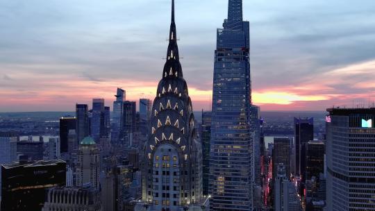 城市航拍范德比尔特一号纽约摩天大楼黄昏