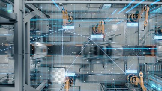 俯瞰拍摄汽车生产工厂自动化装配生产线视频素材模板下载