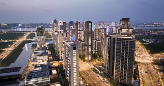 杭州亚运会亚运村城市建筑晚上亮灯夜景航拍