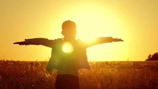日落时分，金色田野上的小女孩幸福地举起双手。美丽快乐快乐的小女孩剪影在日落天空中享受户外大自然。