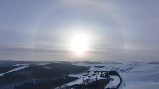 航拍内蒙古雪域雪原日晕视频素材模板下载