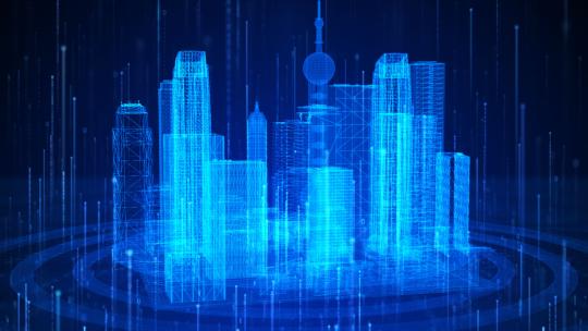 蓝色高科技建筑线框城市数字粒子大数据视频