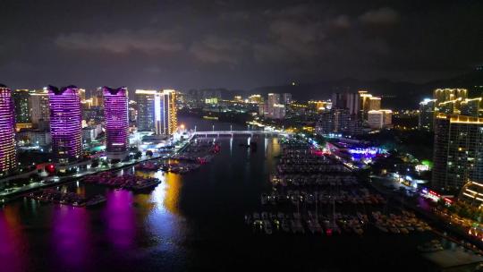 航拍海南三亚游艇旅游中心与帆船港帆船夜景