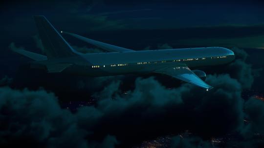 喷气式客机在城市夜空云层上飞行！视频素材模板下载