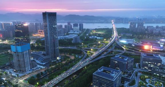 航拍时代高架桥和杭州滨江城市天际线
