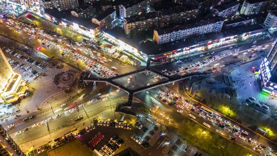 辽宁沈阳道义大街人行天桥夜景航拍延时摄影