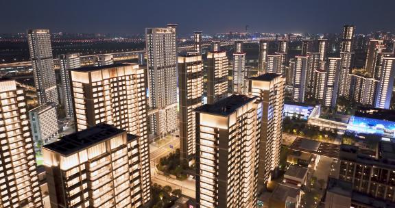 杭州亚运会亚运村城市建筑晚上亮灯夜景航拍