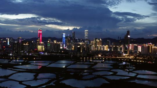 香港深圳边界夜景航拍深圳城市夜景