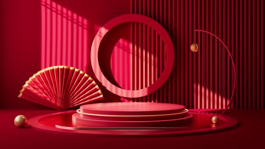 红色中国风室内建筑背景展示台动画