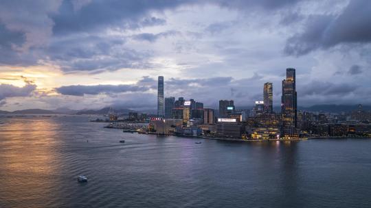 航拍延时中国香港维多利亚港尖沙咀城市蓝调视频素材模板下载