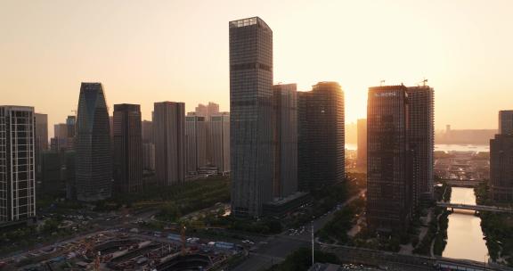 夕阳城市天际线建筑杭州萧山钱江世纪城航拍