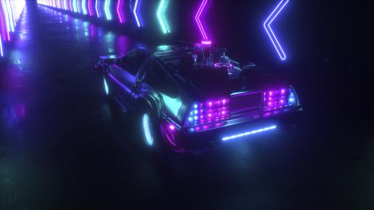 霓虹灯的隧道驾驶未来派汽车 赛博朋克